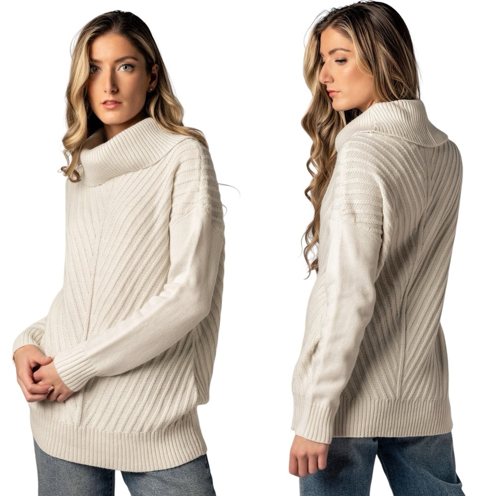 Eclipse Mitered Turtleneck Sweater Knit Neutral Cream White Pullover Wom… - Picture 2 of 16